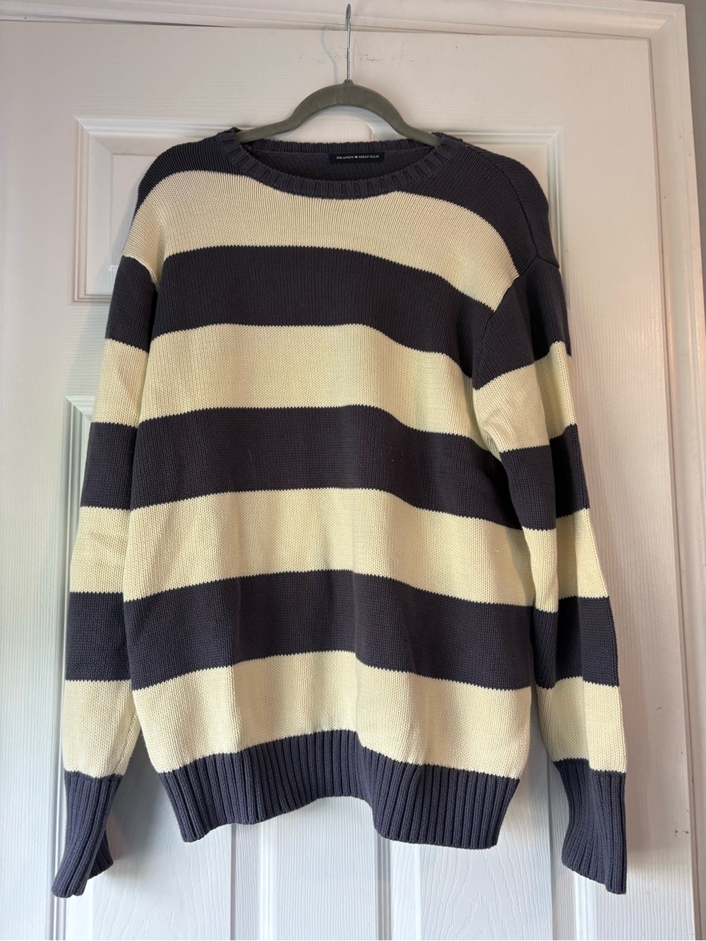 Brandy Melville Navy and Cream Striped Crewneck Sweater